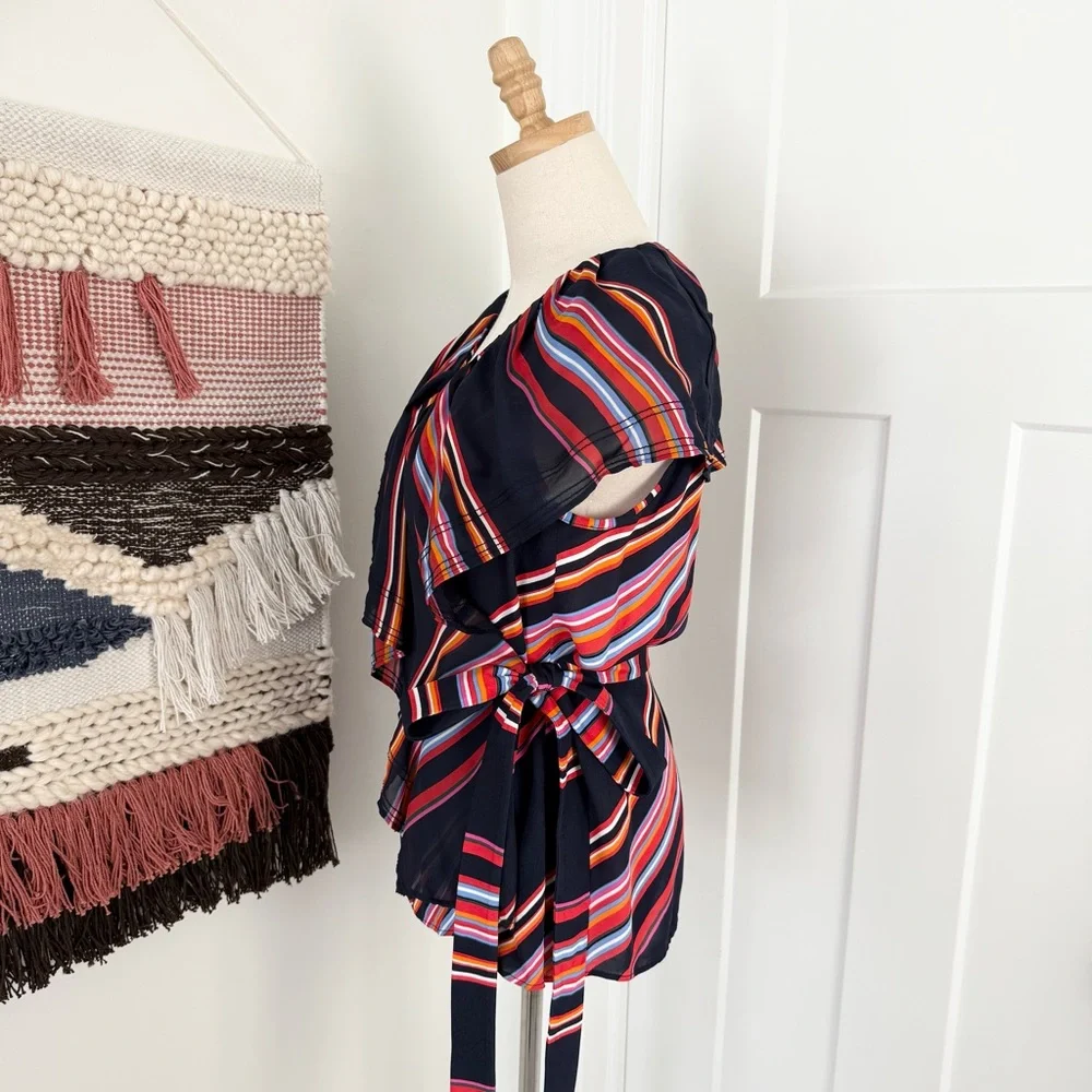 Tory Burch Amelia Navy Blue Multicolor Stripe Ruffled Wrap Blouse Top Sz 8